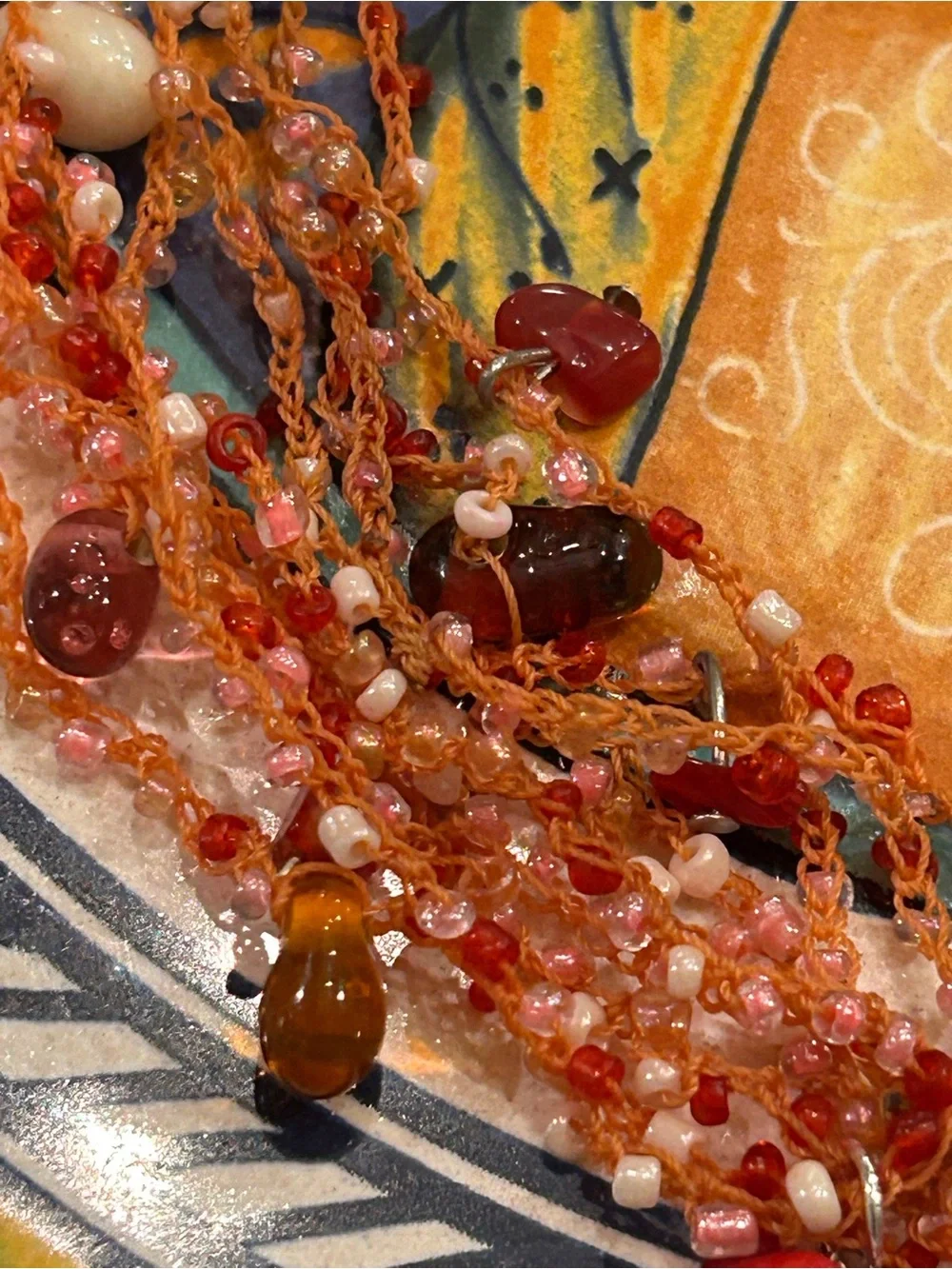 Vintage Necklace Red Branch Coral, Carnelian, glass Mermaid’s Tears woven thread